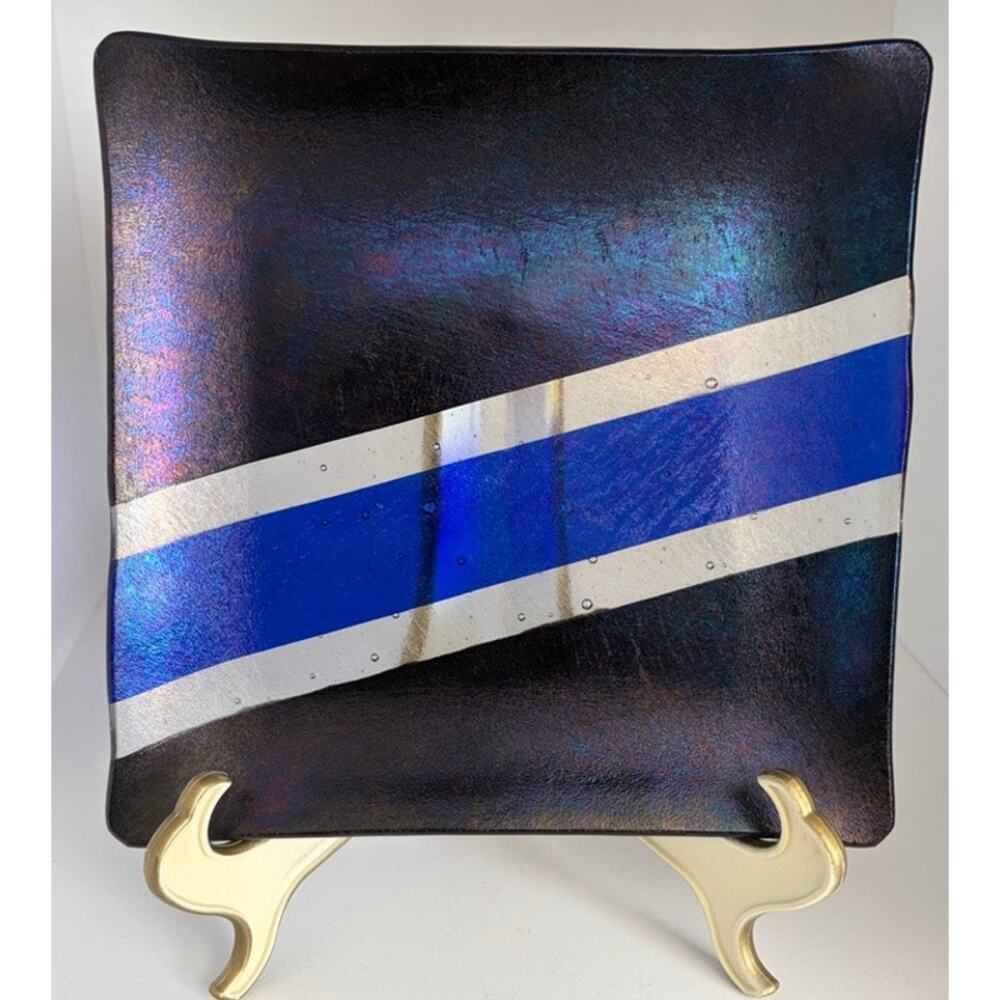 VTG 91 Paulson Fused Glass Dish 7.5 inch square, iridescent